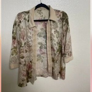 Collared Sheer Floral Lace Boho Peasant Hipster Hippie Art Romantic Classy Top